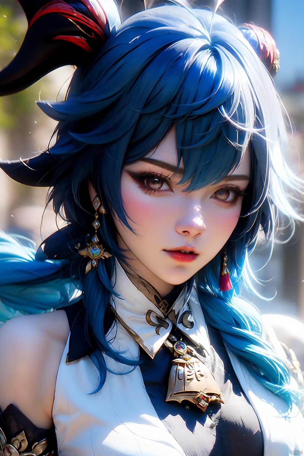 1girl, solo, ganyu \(genshin impact\), long hair, breasts, detached sleeves, blue hair, bell, horns, bare shoulders, gloves, vision \(genshin impact\), jewelry, earrings, looking at viewer, goat horns, parted lips, lips, cowbell,  tassel, portrait,