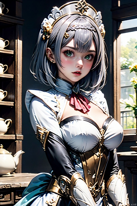 1girl, solo, breasts, noelle \(genshin impact\), grey hair, cleavage, looking at viewer, green eyes, braid, maid headdress, short hair, maid, large breasts, lips, upper body, red ascot, ascot, dress, hair ornament, indoors, long sleeves, braided bangs, closed mouth, armor, teapot, cup, window, table, blush, medium breasts, corset, realistic, teacup, white headwear, black dress, flower, apron, armored dress, maid apron, blunt bangs, detached collar