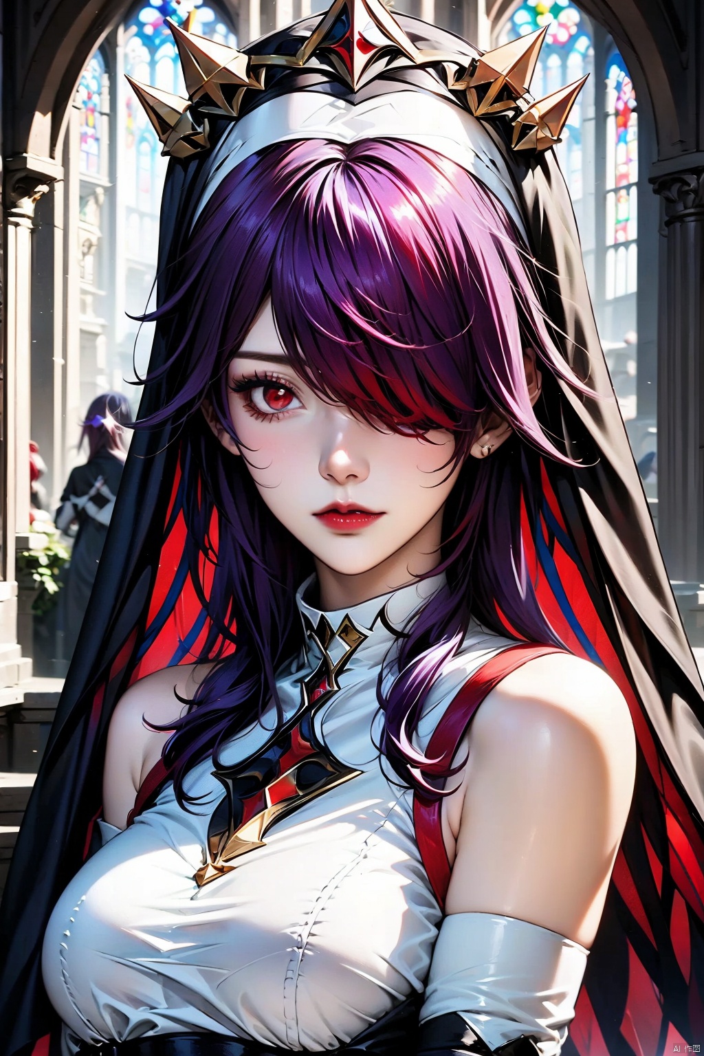 AgainAnimeLora2.8D, 1girl, rosaria \(genshin impact\), solo, gloves, breasts, looking at viewer, hair over one eye, red hair, bare shoulders, red eyes, white gloves, upper body, elbow gloves, nun, lips, purple hair, habit, red lips, multicolored hair, church, detached sleeves, large breasts, streaked hair, veil, long hair, sleeveless, claw ring, medium breasts, closed mouth, parted lips, hand up, dress, makeup, indoors, purple eyes, stained glass, multicolored headwear, lipstick, two-tone dress