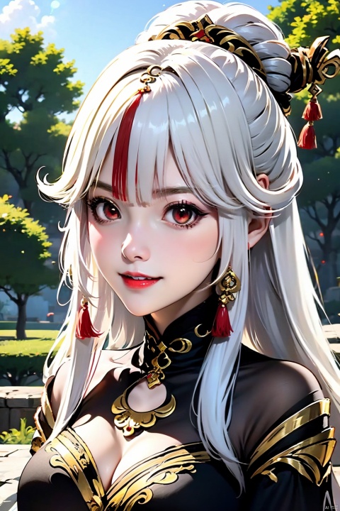 AgainAnimeLora2.8D,1girl,ningguang \(genshin impact\),portrait,solo,hair ornament,long hair,looking at viewer,white hair,outdoors,parted bangs,breasts,hair stick,parted lips,upper body,brown eyes,bare shoulders,lips,sky,makeup,dress,hairpin,sidelocks,tassel,red lips,jewelry,day,large breasts,black dress,eyelashes,smile,teeth,medium breasts,tree,looking to the side,red eyes,eyeshadow,cloud,frills,detached sleeves,earrings,very long hair,chinese clothes,tassel hair ornament,realistic,gold trim,