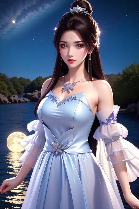 1girl, solo, moon, night, long hair, sky, dress, star \(sky\), earrings, jewelry, forehead mark, white dress, night sky, hair bun, facial mark, bare shoulders, black hair, full moon, brown hair, upper body, water, starry sky, hair ornament, looking at viewer, breasts, closed mouth, outdoors, single hair bun, detached sleeves, star \(symbol\)
