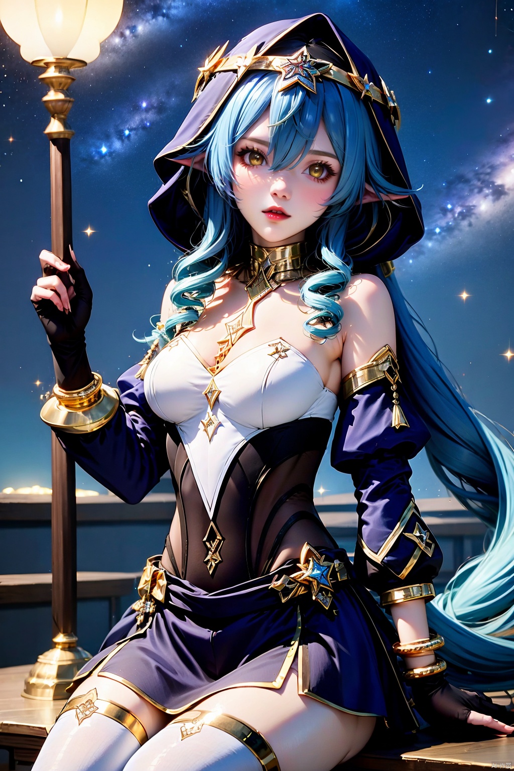 1girl, solo, layla \(genshin impact\), claw ring, breasts, gloves, long hair, blue hair, black gloves, pointy ears, blue hood, looking at viewer, sidelocks, sitting, thighlet, bare shoulders, yellow eyes, hair between eyes, detached sleeves, jewelry, very long hair, hood, drill hair, sky, parted lips, drill sidelocks, long sleeves, puffy sleeves, neck ring, medium breasts, star \(sky\), white pantyhose, hood up, starry sky, bracelet, thighhighs, skirt, black skirt, thighs, night, pantyhose, night sky, white thighhighs, arm support, hand up, juliet sleeves, bags under eyes, gold trim, lips, gold choker, twintails, twin drills, blue sleeves, puffy long sleeves, cleavage, red lips