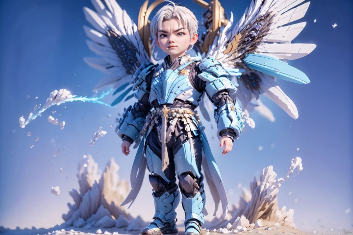 1boy,concept artwork,white hair,(a lonely solo boy:1.4),sky,wing,wings with fans,graphics card fan,strong male mecha warrior,mighty and domineering,cool mecha,32k,blue and white color scheme,blue armor,white_background,standing,cowboy_shot,chibi,