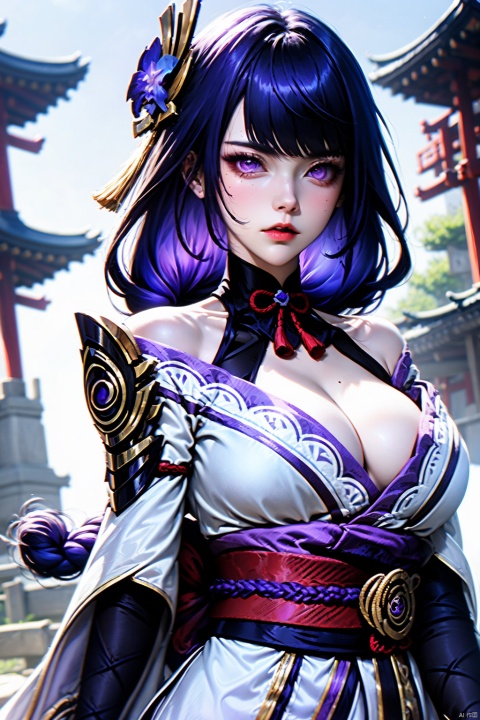 AgainAnimeLora2.8D, 1girl, raiden shogun \(genshin impact\), portrait, breasts, solo, japanese clothes, purple eyes, kimono, thighhighs, cleavage, looking at viewer, long hair, purple hair, hair flower, hair ornament, purple kimono, braid, mole, mole under eye, outdoors