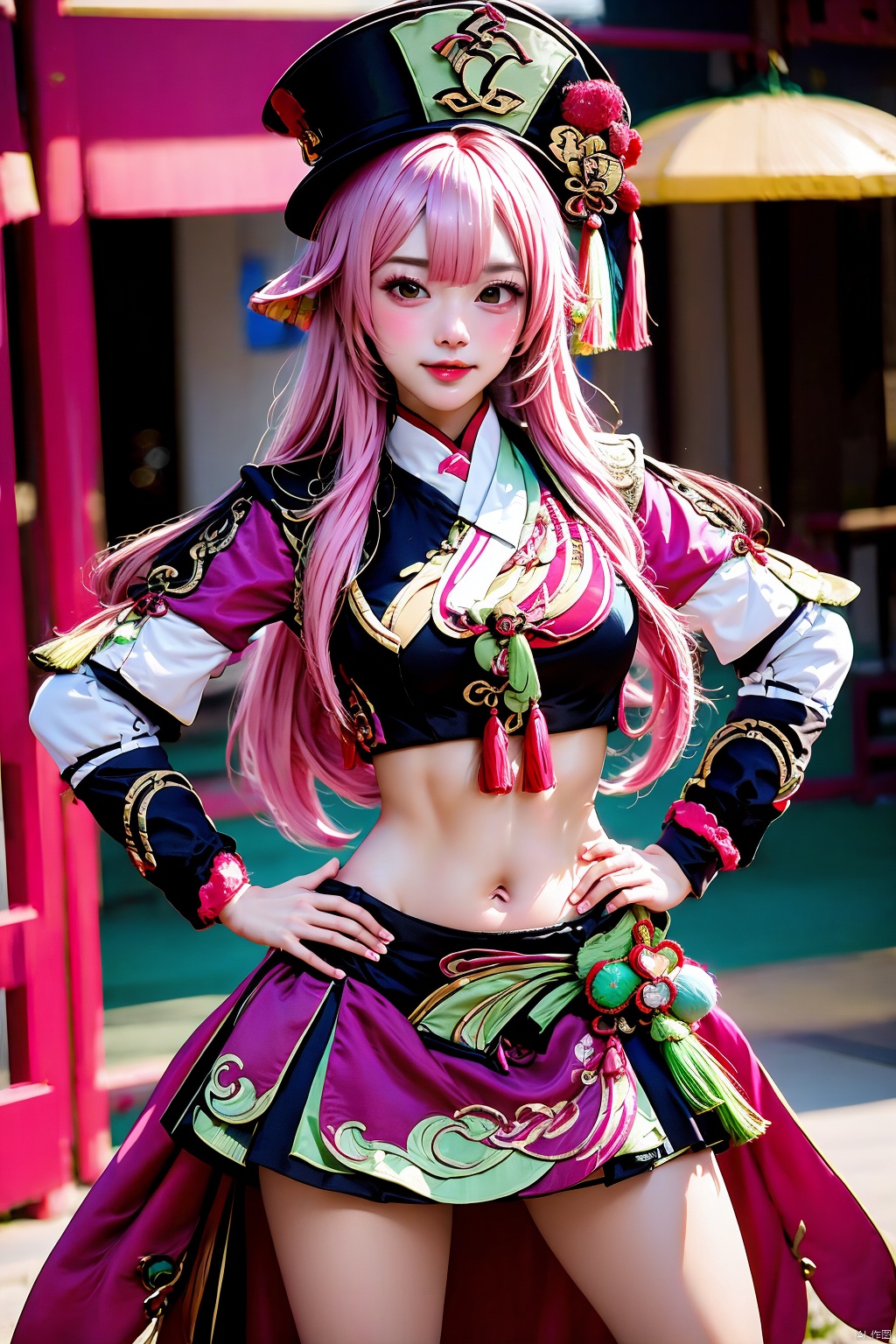 1girl, solo, hands on own hips, yanfei \(genshin impact\), navel, long hair, midriff, detached sleeves, pink hair, red headwear, looking at viewer, skirt, crop top, stomach,