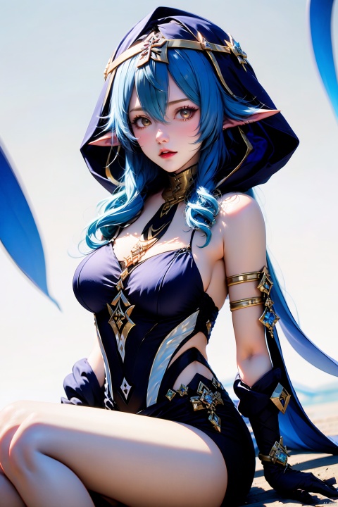 1girl, solo, layla \(genshin impact\), claw ring, breasts, gloves, long hair, blue hair, black gloves, pointy ears, blue hood, looking at viewer, sidelocks, sitting, thighlet, bare shoulders,
