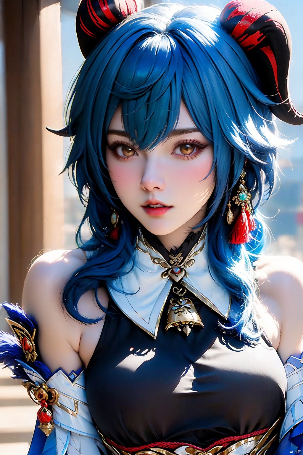1girl, solo, ganyu \(genshin impact\), long hair, breasts, detached sleeves, blue hair, bell, horns, bare shoulders, gloves, vision \(genshin impact\), jewelry, earrings, looking at viewer, goat horns, parted lips, lips, cowbell,  tassel, portrait,
