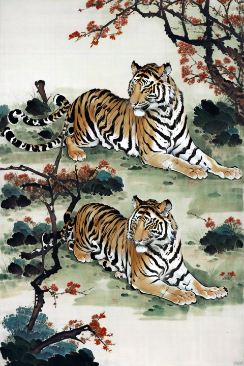 AgainChineseInkPainting, tiger, no humans, animal focus, year of the tiger, branch, animal, traditional media, tree, looking at viewer, chinese ink painting, lying, border, chinese zodiac, rock, on side, white background, white tiger, full body, sleeping, painting \(medium\)