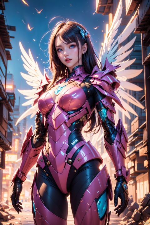 1girl,concept artwork,long hair,(a lonely solo boy:1.4),sky,wing,wings with fans,graphics card fan,strong male mecha warrior,mighty and domineering,cool mecha,32k,blue and white color scheme,(pink armor),white_background,standing,cowboy_shot,