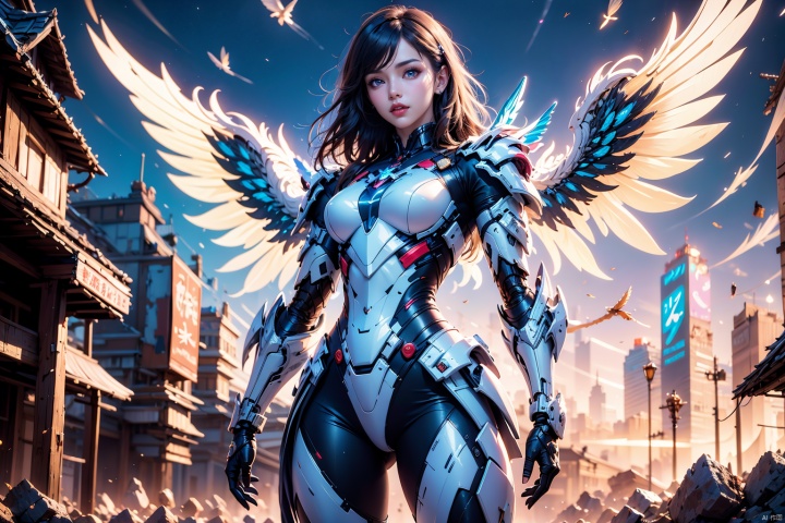  1girl,concept artwork,black hair,(a lonely solo boy:1.4),sky,wing,wings with fans,graphics card fan,strong male mecha warrior,mighty and domineering,cool mecha,32k,blue and white color scheme,white armor,white_background,standing,cowboy_shot,