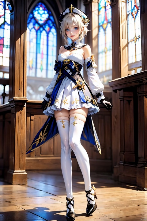 1girl, solo, thighhighs, stained glass, barbara \(genshin impact\), dress, white thighhighs, gloves, white dress, full body, looking at viewer, breasts, short hair, bare shoulders, blue eyes, detached sleeves, standing, book, zettai ryouiki, detached collar, blonde hair, church, smile, white gloves, strapless, white headwear, strapless dress, cleavage, indoors, alternate hair length, white hair, alternate hairstyle, open mouth, medium breasts, long sleeves, blurry, hat, blurry background, cross, hair ornament, thighs, window, shoes, black footwear, blush, high heels,
