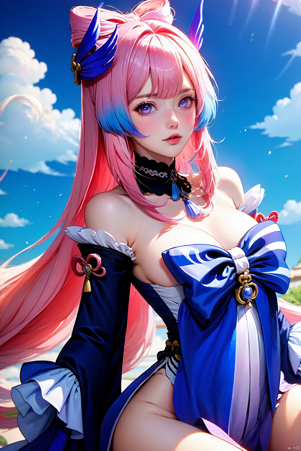1girl, sangonomiya kokomi, solo, bow-shaped hair, pink hair, long hair, looking at viewer, multicolored hair, outdoors, vision \(genshin impact\), blue hair, breasts, bare shoulders, bow, blue eyes, sky, lips, blue bow, frills, day, detached collar, very long hair, closed mouth, detached sleeves, frilled sleeves, dress, blue sky, wide sleeves, colored tips, purple eyes, cloud, hair ornament, long sleeves, cleavage, gradient hair, lace-trimmed choker, choker,
