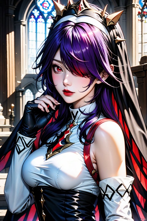 AgainAnimeLora2.8D, 1girl, rosaria \(genshin impact\), solo, gloves, breasts, looking at viewer, hair over one eye, red hair, bare shoulders, red eyes, white gloves, upper body, elbow gloves, nun, lips, purple hair, habit, red lips, multicolored hair, church, detached sleeves, large breasts, streaked hair, veil, long hair, sleeveless, claw ring, medium breasts, closed mouth, parted lips, hand up, dress, makeup, indoors, purple eyes, stained glass, multicolored headwear, lipstick, two-tone dress