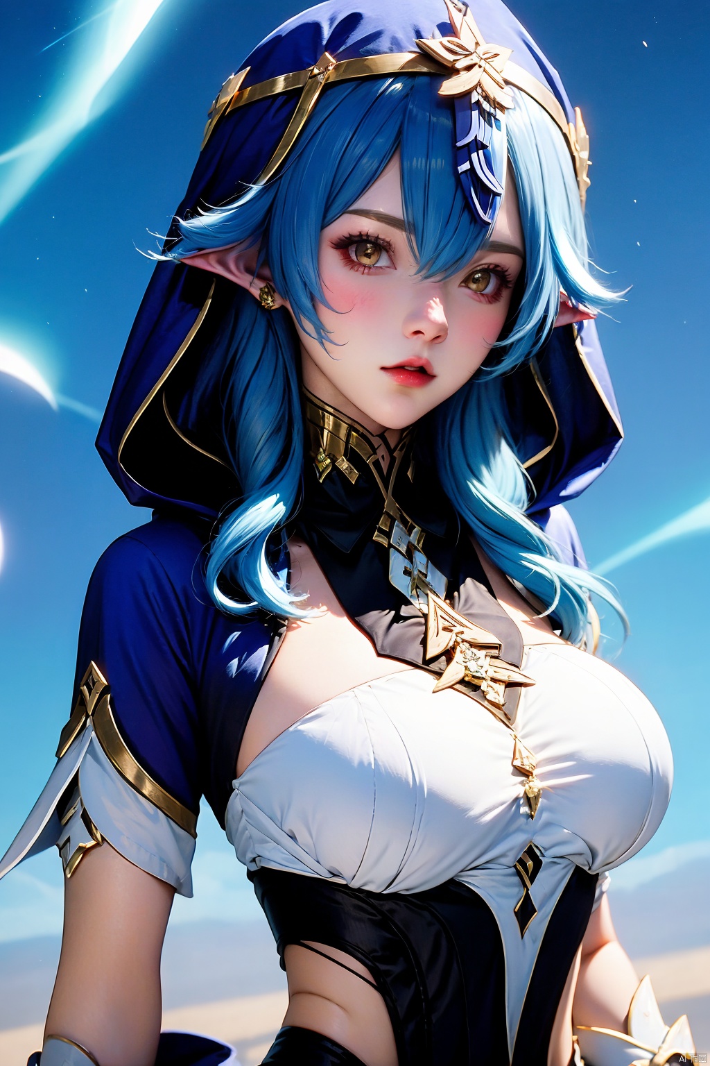 1girl, solo, layla \(genshin impact\), breasts, long hair, blue hair, pointy ears, blue hood, looking at viewer,