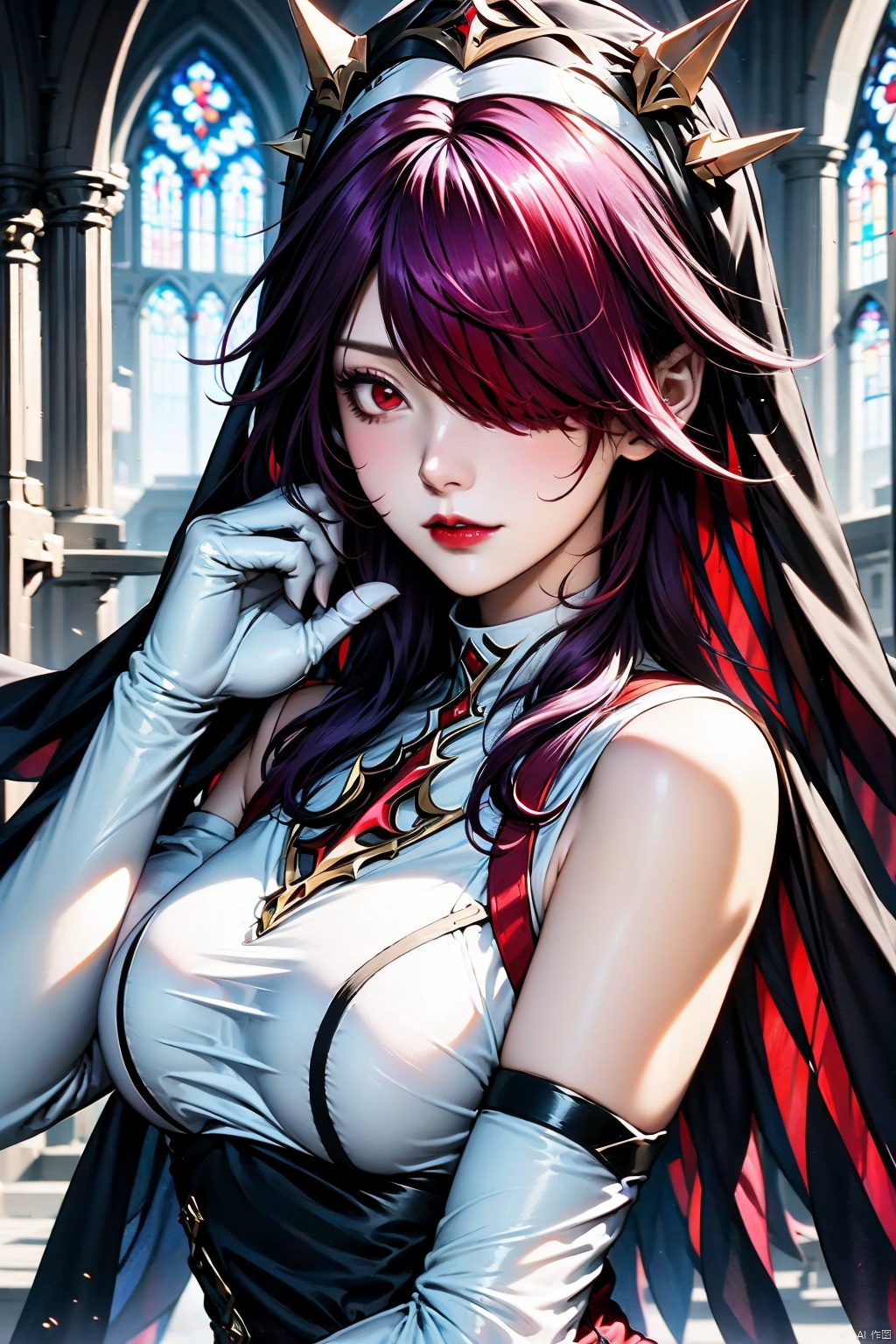 AgainAnimeLora2.8D, 1girl, rosaria \(genshin impact\), solo, gloves, breasts, looking at viewer, hair over one eye, red hair, bare shoulders, red eyes, white gloves, upper body, elbow gloves, nun, lips, purple hair, habit, red lips, multicolored hair, church, detached sleeves, large breasts, streaked hair, veil, long hair, sleeveless, claw ring, medium breasts, closed mouth, parted lips, hand up, dress, makeup, indoors, purple eyes, stained glass, multicolored headwear, lipstick, two-tone dress