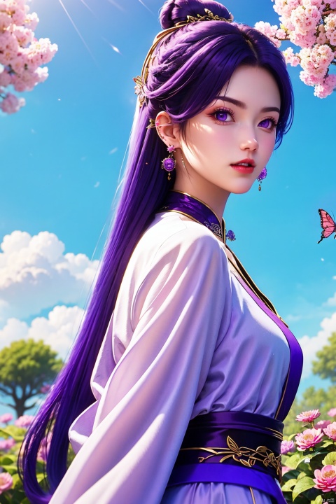 1girl, butterfly, bug, solo, purple hair, hair bun, earrings, hair ornament, jewelry, long hair, upper body, purple eyes, blue sky, sky, dress, single hair bun, outdoors, looking at viewer, from side, long sleeves, parted lips, chinese clothes, tree, teeth, cloud, white dress, blurry, day, realistic, flower, purple dress, blurry background

