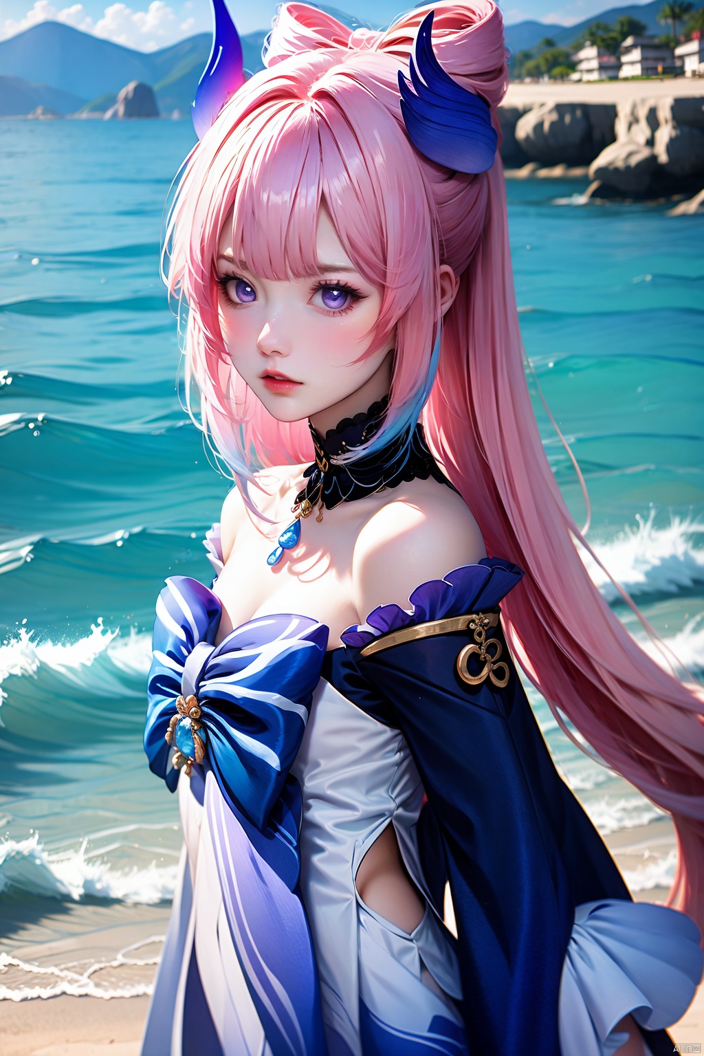 1girl, sangonomiya kokomi, solo, bow-shaped hair, pink hair, long hair, looking at viewer, multicolored hair, outdoors, vision \(genshin impact\), blue hair, breasts, bare shoulders, bow, blue eyes, sky, lips, blue bow, frills, day, detached collar, very long hair, closed mouth, detached sleeves, frilled sleeves, dress, blue sky, wide sleeves, colored tips, purple eyes, cloud, hair ornament, long sleeves, cleavage, gradient hair, lace-trimmed choker, choker, from side, sidelocks, beach, waves, ponytail, blunt bangs, medium breasts, off-shoulder dress, blue horns, blue gemstone, small breasts, upper body, off shoulder, two-tone hair, bowtie, mountain, cowboy shot, pink lips