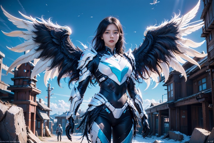  1girl,concept artwork,black hair,(a lonely solo boy:1.4),sky,(Super huge wings:1.5),wings with fans,graphics card fan,strong male mecha warrior,mighty and domineering,cool mecha,32k,blue and white color scheme,white armor,white_background,standing,cowboy_shot,