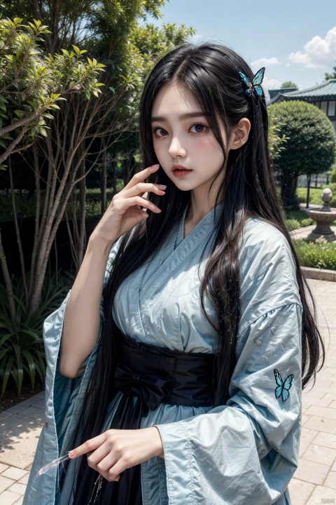 blue ru_qun, best_quality, head, original_outfit, hanfu, clear details, masterpiece,  best_quality,  clear details, 1girl, garden background, ,  butterfly on finger, black hair, long hair, big eyes , yuzu, liquid clothes, girl, Anime,  yx,