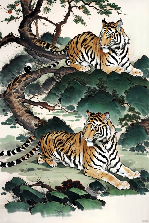 AgainChineseInkPainting, tiger, no humans, animal focus, branch, animal, tree, looking at viewer, chinese ink painting, rock, on side, white background, white tiger, full body, painting \(medium\)