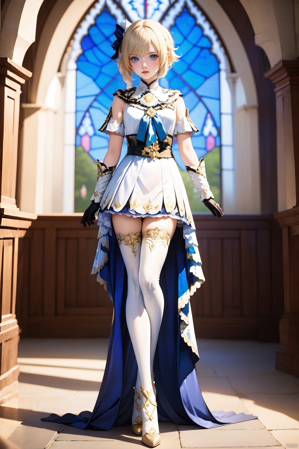 1girl, solo, thighhighs, stained glass, barbara \(genshin impact\), dress, white thighhighs, gloves, white dress, full body, looking at viewer, breasts, short hair, bare shoulders, blue eyes, 