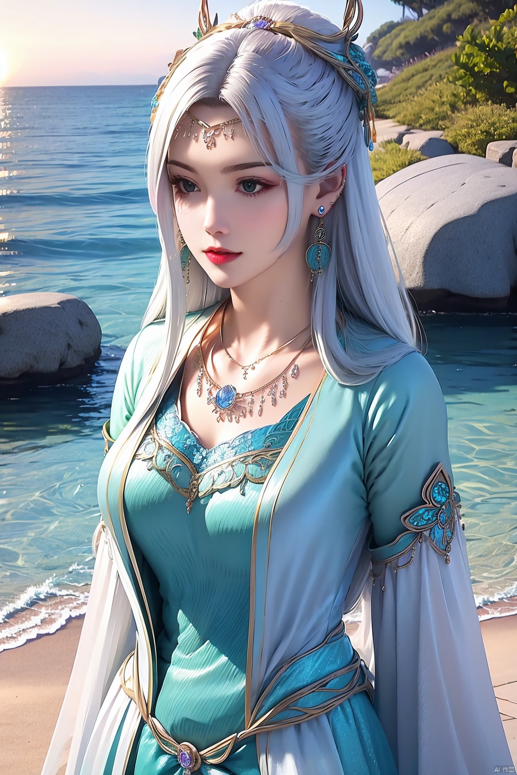 1girl, white hair, breasts, upper body, solo, dress, earrings, jewelry, hair ornament, necklace, outdoor, sea