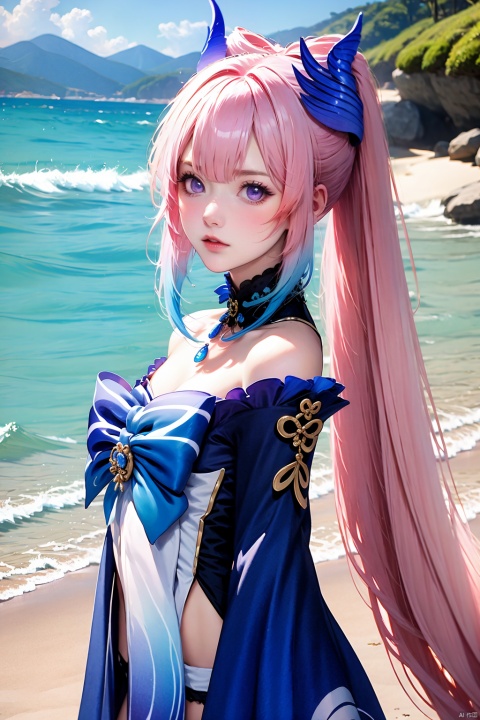 1girl, sangonomiya kokomi, solo, bow-shaped hair, pink hair, long hair, looking at viewer, multicolored hair, outdoors, vision \(genshin impact\), blue hair, breasts, bare shoulders, bow, blue eyes, sky, lips, blue bow, frills, day, detached collar, very long hair, closed mouth, detached sleeves, frilled sleeves, dress, blue sky, wide sleeves, colored tips, purple eyes, cloud, hair ornament, long sleeves, cleavage, gradient hair, lace-trimmed choker, choker, from side, sidelocks, beach, waves, ponytail, blunt bangs, medium breasts, off-shoulder dress, blue horns, blue gemstone, small breasts, upper body, off shoulder, two-tone hair, bowtie, mountain, cowboy shot, pink lips