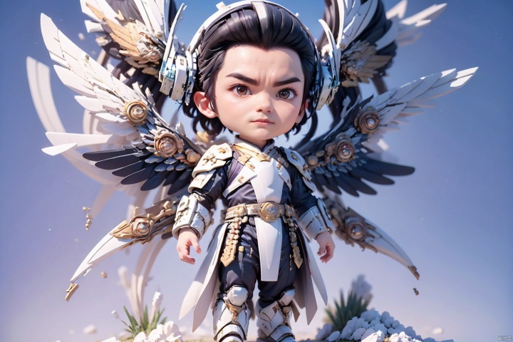  1boy,concept artwork,black hair,(a lonely solo boy:1.4),sky,wing,wings with fans,graphics card fan,strong male mecha warrior,mighty and domineering,cool mecha,32k,blue and white color scheme,white armor,white_background,standing,cowboy_shot,chibi,