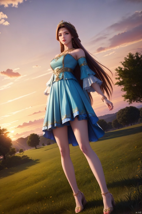 1girl, solo, long hair, dress, brown hair, sky, hair ornament, bare legs, full body, white dress, sunset, high heels, jewelry, bare shoulders, outdoors, dutch angle, grass, cloud, closed mouth, detached sleeves, sandals, tree, thighlet, white footwear, legs, dusk, blue dress, standing, expressionless, bush, skirt, blue eyes, anklet, twilight, looking to the side, tiara, mountain, breasts, earrings
