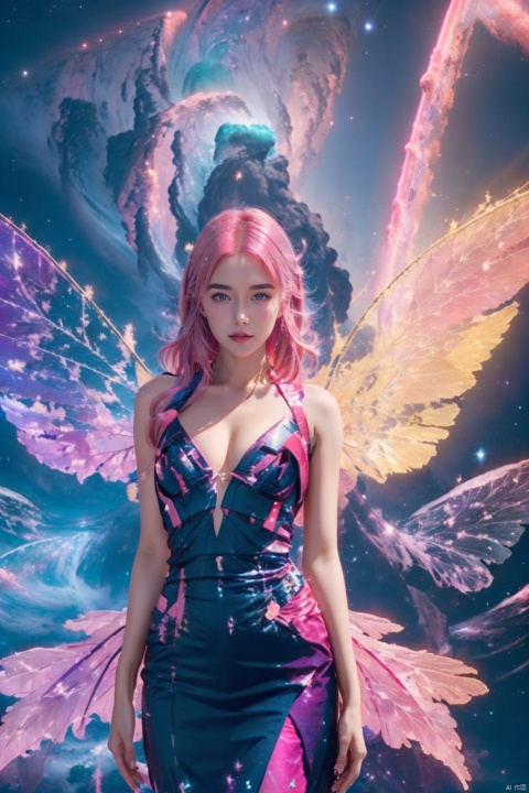 1girl, wings, solo, nebula wings, breasts, (pink hair:1.2), long hair, navel, dress, pink wings, looking at viewer, star \(sky\), medium breasts, cleavage, bare shoulders, sky, starry sky, collarbone, realistic, nebula,