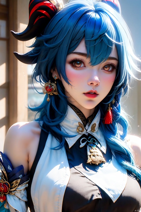 1girl, solo, ganyu \(genshin impact\), long hair, breasts, detached sleeves, blue hair, bell, horns, bare shoulders, gloves, vision \(genshin impact\), jewelry, earrings, looking at viewer, goat horns, parted lips, lips, cowbell,  tassel, portrait,