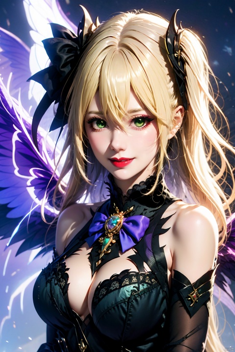 1girl, solo, breasts, green eyes, blonde hair, fischl \(genshin impact\), looking at viewer, long hair, two side up, red lips, bare shoulders, bow, upper body, hair between eyes, wings, lips, ribbon, medium breasts, bowtie, dress, purple bow, hair ribbon, detached sleeves, black dress, smile, purple bowtie, hair ornament, lipstick, makeup, tattoo, parted lips, torn clothes, large breasts, black ribbon, realistic, closed mouth, lightning, sleeveless, nose, gem, feathered wings, cleavage
