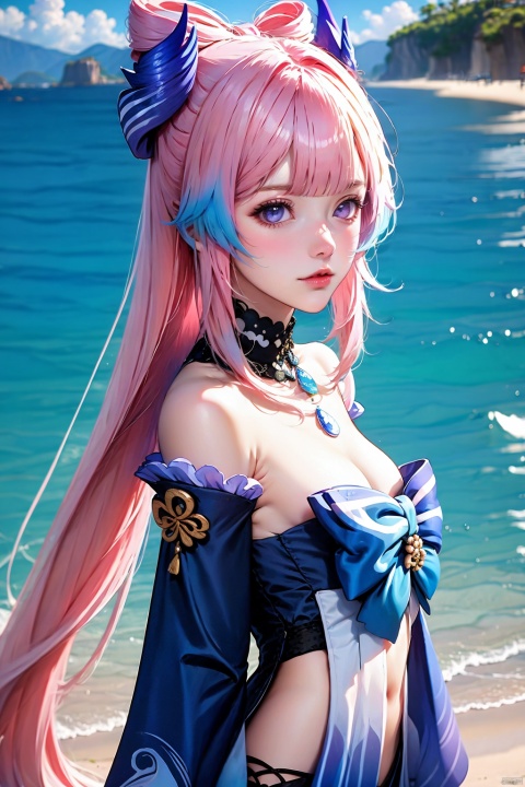 1girl, sangonomiya kokomi, solo, bow-shaped hair, pink hair, long hair, looking at viewer, multicolored hair, outdoors, vision \(genshin impact\), blue hair, breasts, bare shoulders, bow, blue eyes, sky, lips, blue bow, frills, day, detached collar, very long hair, closed mouth, detached sleeves, frilled sleeves, dress, blue sky, wide sleeves, colored tips, purple eyes, cloud, hair ornament, long sleeves, cleavage, gradient hair, lace-trimmed choker, choker, from side, sidelocks, beach, waves, ponytail, blunt bangs, medium breasts, off-shoulder dress, blue horns, blue gemstone, small breasts, upper body, off shoulder, two-tone hair, bowtie, mountain, cowboy shot, pink lips