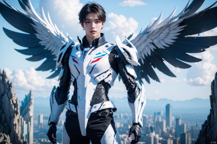  1boy,concept artwork,black hair,(a lonely solo boy:1.4),sky,wing,wings with fans,graphics card fan,strong male mecha warrior,mighty and domineering,cool mecha,32k,blue and white color scheme,white armor,white_background,standing,cowboy_shot,