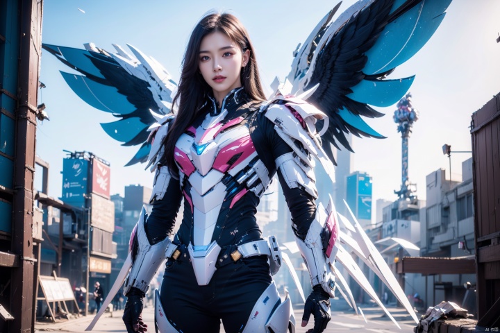  1girl,concept artwork,black long hair,(a lonely solo boy:1.4),sky,wing,wings with fans,graphics card fan,strong male mecha warrior,mighty and domineering,cool mecha,32k,blue and white color scheme,pink and white armor,white_background,standing,cowboy_shot,