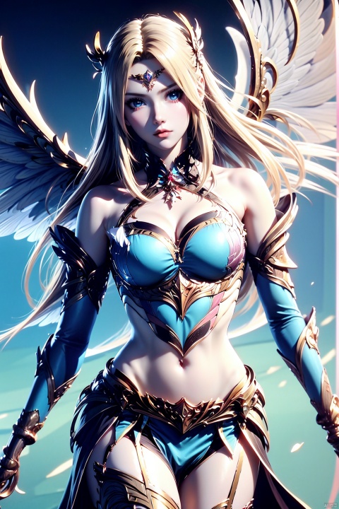 1girl, solo, blonde hair, long hair, blue eyes, breasts, navel, wings, looking at viewer, bare shoulders, hair ornament, armor, thighhighs, cleavage, medium breasts, closed mouth, detached sleeves, pink armored dress, angel wings, jewelry, feathered wings, cowboy shot,
