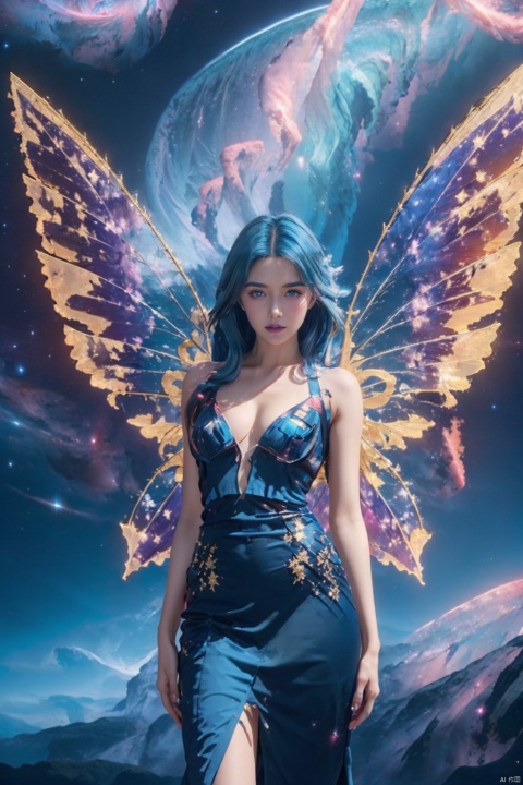 1girl, wings, solo, nebula wings, breasts, (blue hair:1.5), long hair, navel, dress, pink wings, looking at viewer, star \(sky\), medium breasts, cleavage, bare shoulders, sky, starry sky, collarbone, realistic, nebula,