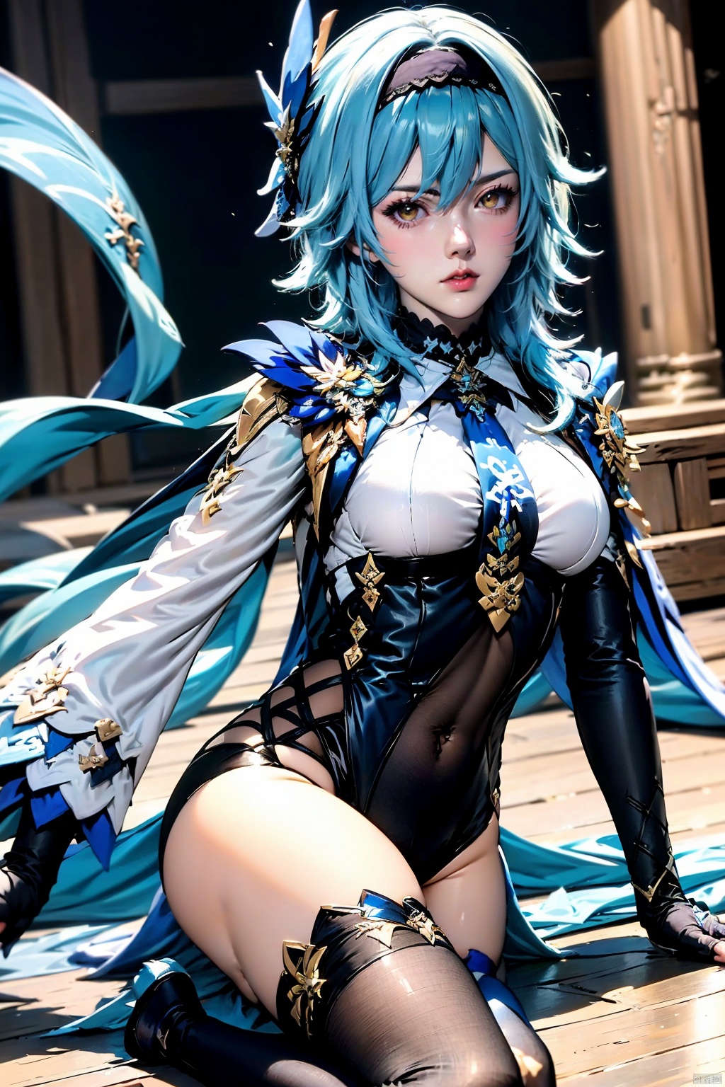 1girl, solo, eula \(genshin impact\), thighhighs, covered navel, blue hair, blue necktie, hairband, necktie, looking at viewer, black hairband, blurry background, black thighhighs, breasts, leotard, hair ornament, long sleeves, lips, blurry, blue cape, cape, medium hair, 