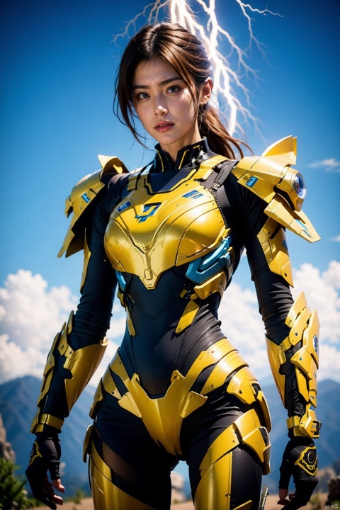 masterpiece,best quality,full details,(cybermech bodysuit:0.9),(simple background:1.2),saibo,armor,lightning art,