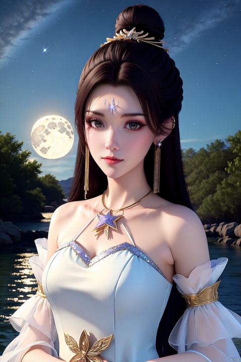 1girl, solo, moon, night, long hair, sky, dress, star \(sky\), earrings, jewelry, forehead mark, white dress, night sky, hair bun, facial mark, bare shoulders, black hair, full moon, brown hair, upper body, water, starry sky, hair ornament, looking at viewer, breasts, closed mouth, outdoors, single hair bun, detached sleeves, star \(symbol\)
