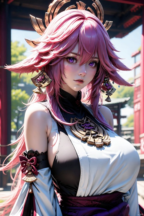 1girl, solo, yae miko, pink hair, purple eyes, breasts, looking at viewer, animal ears, long hair, bare shoulders, detached sleeves, large breasts, fox ears, hair between eyes, upper body, hair ornament, jewelry, lips, japanese clothes, blurry background, blurry, parted lips, wide sleeves, earrings, shirt, sleeveless, white shirt, sleeveless shirt, nontraditional miko, blush, long sleeves, turtleneck, sidelocks, sideboob, closed mouth, floppy ears