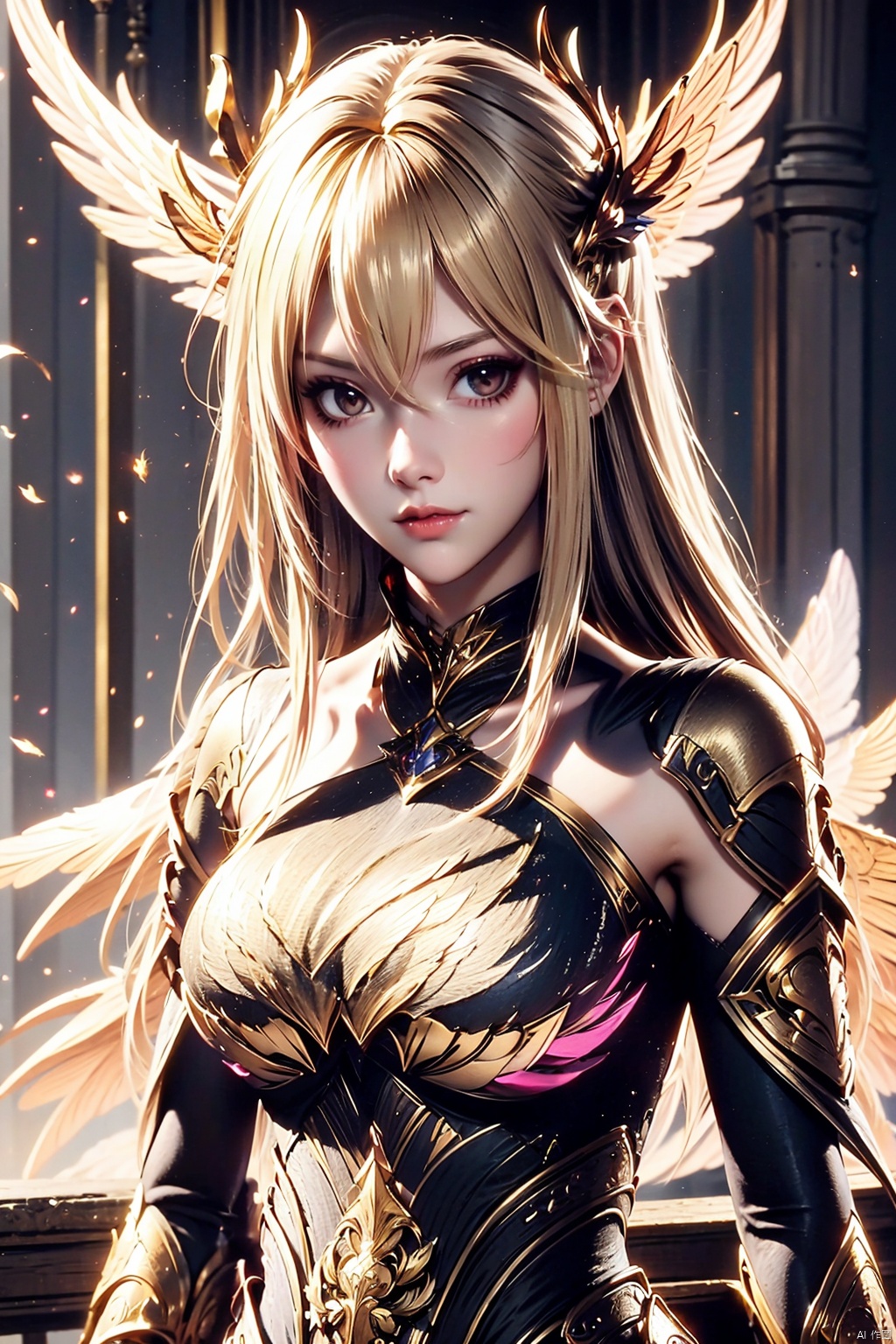 portrait, 1girl, solo, blonde hair, long hair, wings, looking at viewer, hair ornament, armor, thighhighs, closed mouth, detached sleeves, pink armored dress, angel wings, jewelry, feathered wings,