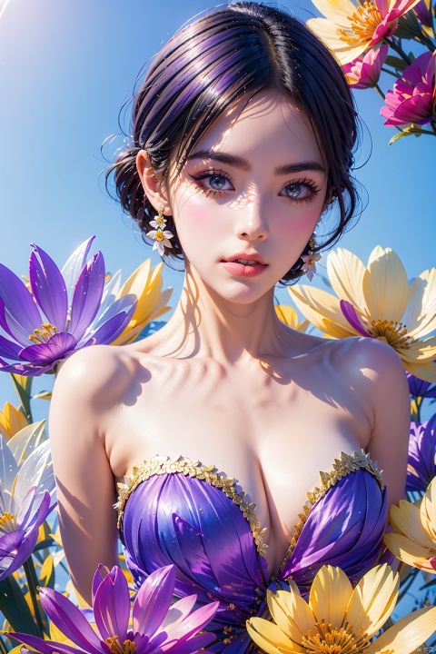 AgainRealistic_v2.0, 1girl, flower, solo, purple flower, yellow flower, dress, parted lips, black hair, looking at viewer, jewelry, earrings, bare shoulders, realistic, breasts, tulip, strapless, upper body, lips, strapless dress, white flower, blue hair, purple sky, blue flower, purple background, pink flower, orange flower, blue eyes, short hair, gem, collarbone, sky