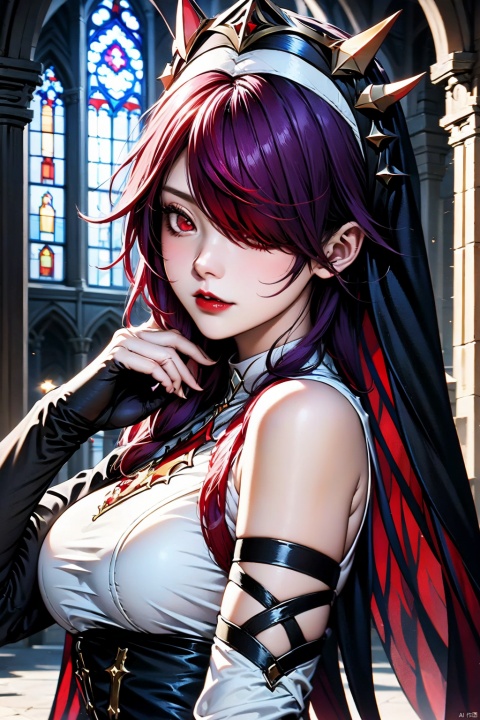 AgainAnimeLora2.8D, 1girl, rosaria \(genshin impact\), solo, gloves, breasts, looking at viewer, hair over one eye, red hair, bare shoulders, red eyes, white gloves, upper body, elbow gloves, nun, lips, purple hair, habit, red lips, multicolored hair, church, detached sleeves, large breasts, streaked hair, veil, long hair, sleeveless, claw ring, medium breasts, closed mouth, parted lips, hand up, dress, makeup, indoors, purple eyes, stained glass, multicolored headwear, lipstick, two-tone dress