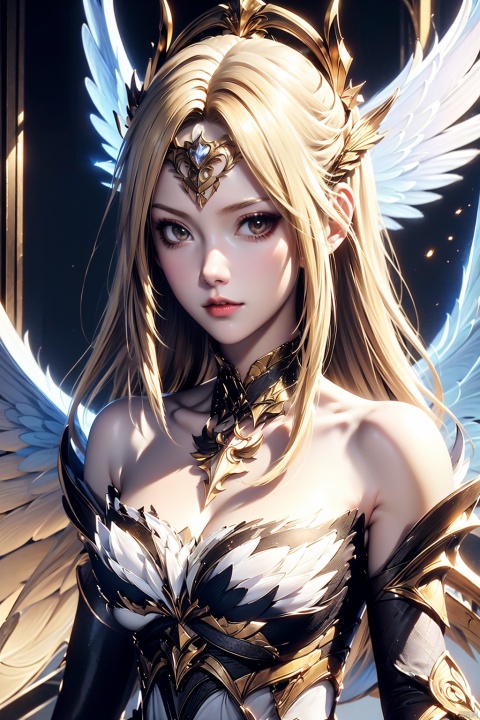 portrait, 1girl, solo, blonde hair, long hair, wings, looking at viewer, hair ornament, armor, thighhighs, closed mouth, detached sleeves, white armored dress, angel wings, jewelry, feathered wings,