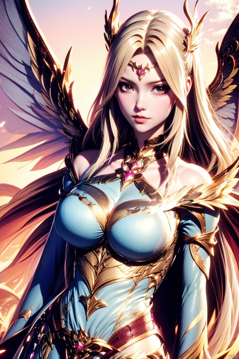 1girl, solo, blonde hair, long hair, wings, looking at viewer, hair ornament, armor, thighhighs, closed mouth, detached sleeves, pink armored dress, angel wings, jewelry, feathered wings, portrait,