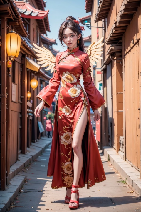  girl,anger,chinese clothes,red hanfu,wings,