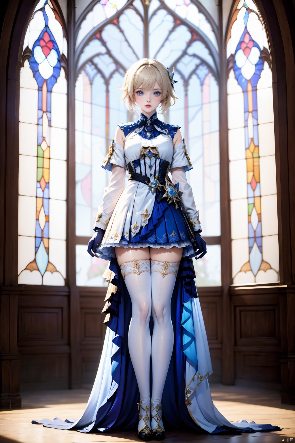 1girl, solo, thighhighs, stained glass, barbara \(genshin impact\), dress, white thighhighs, gloves, white dress, full body, looking at viewer, breasts, short hair, bare shoulders, blue eyes, 