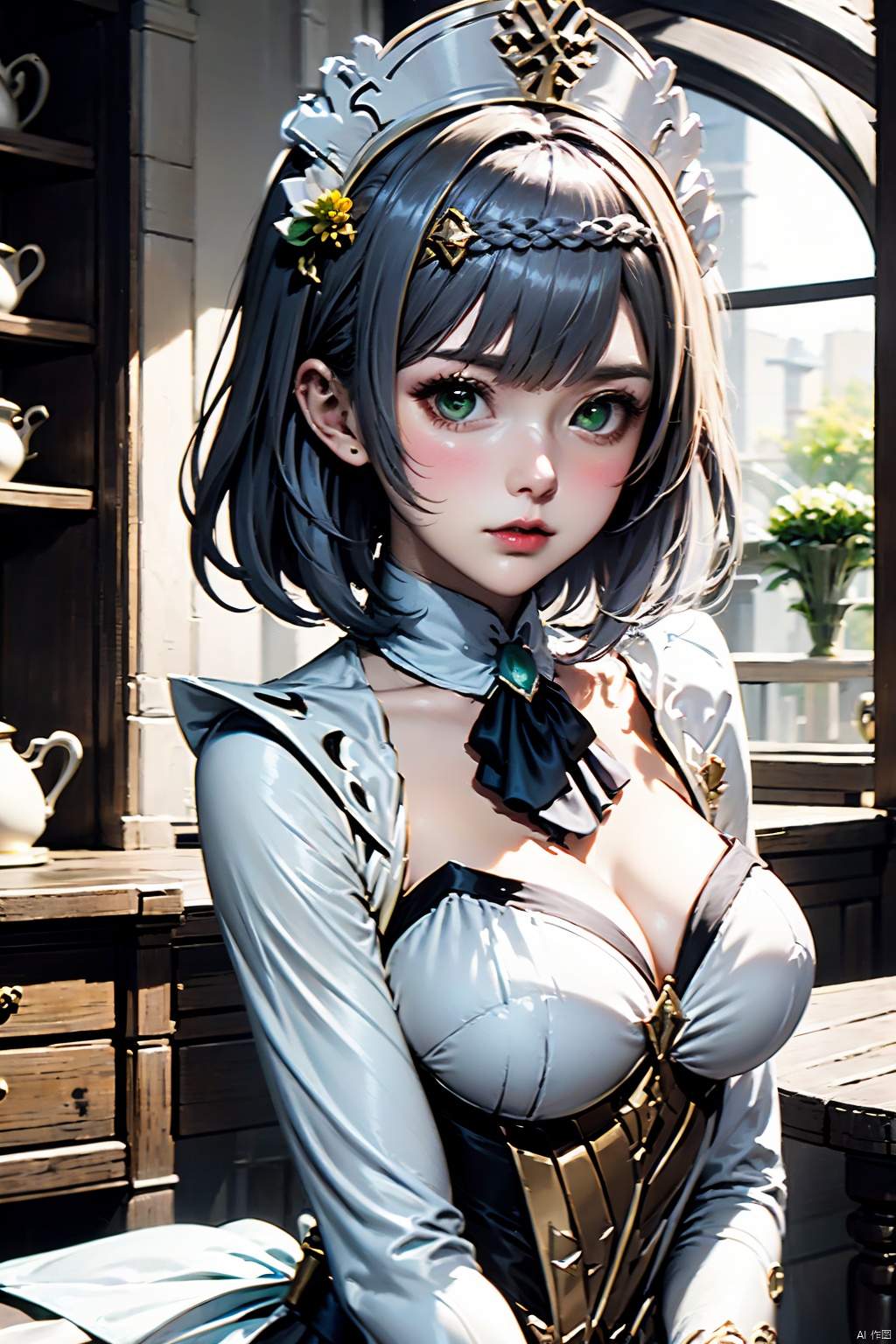 1girl, solo, breasts, noelle \(genshin impact\), grey hair, cleavage, looking at viewer, green eyes, braid, maid headdress, short hair, maid, large breasts, lips, upper body, red ascot, ascot, dress, hair ornament, indoors, long sleeves, braided bangs, closed mouth, armor, teapot, cup, window, table, blush, medium breasts, corset, realistic, teacup, white headwear, black dress, flower, apron, armored dress, maid apron, blunt bangs, detached collar