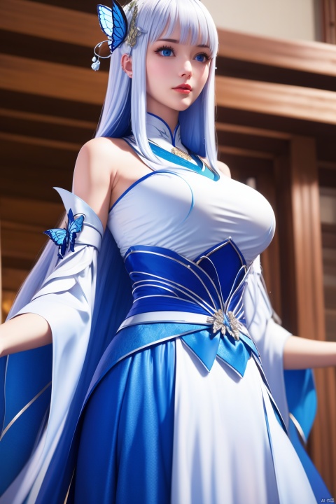 1girl, solo, long hair, blue eyes, hair ornament, detached sleeves, dress, blurry background, bare shoulders, blurry, looking at viewer, breasts, blunt bangs, white hair, butterfly hair ornament, white dress, upper body, closed mouth, lips, wide sleeves, blue dress, indoors, realistic, large breasts, medium breasts, grey hair, very long hair, skirt
